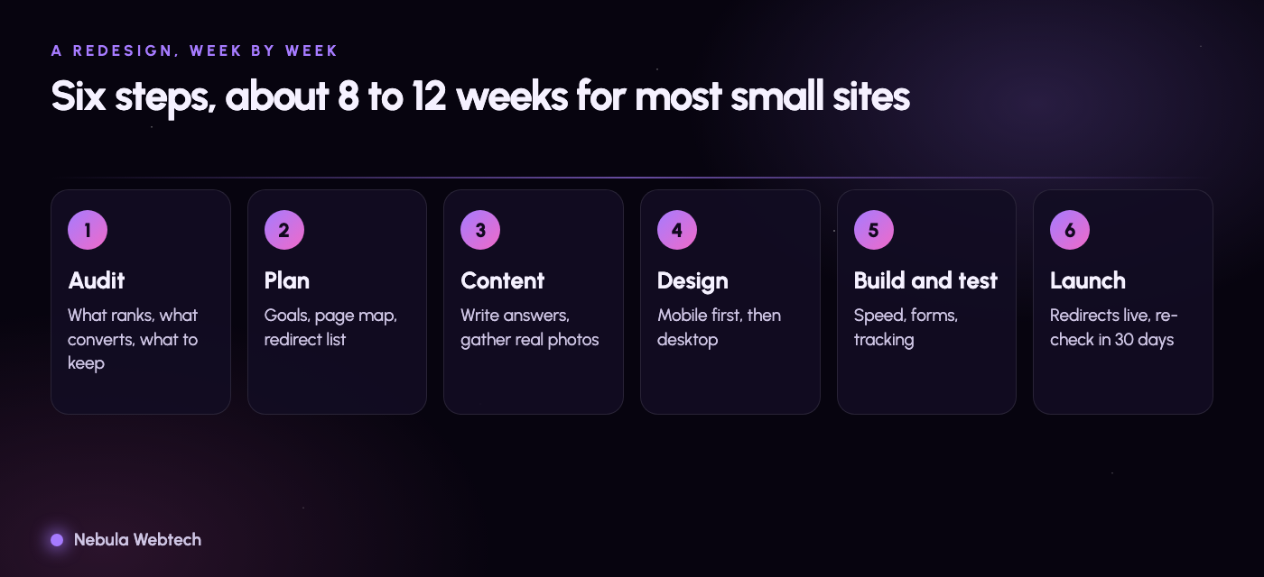 Six steps of a website redesign: audit, plan, content, design, build and test, launch
