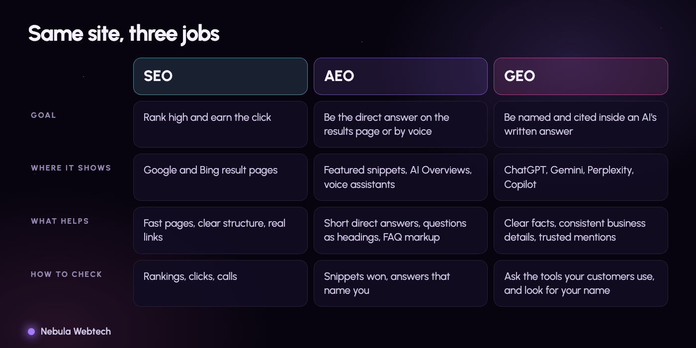 Comparison of SEO, AEO and GEO: goal, where each shows up, what helps, and how to check
